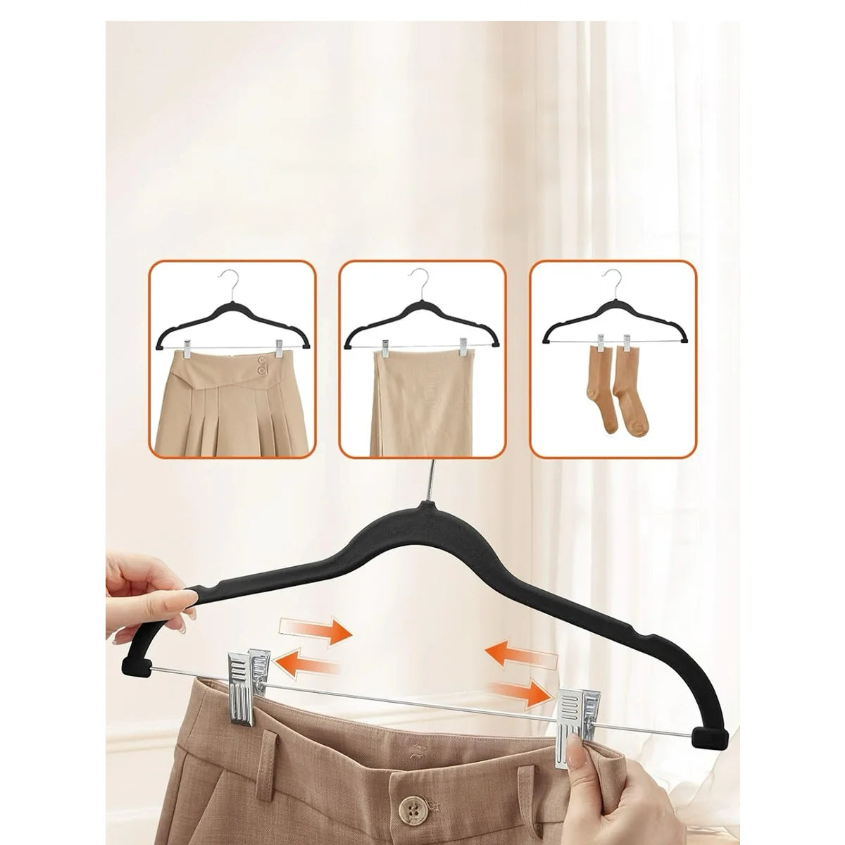 Black - Set of 10 Velvet Hangers with Clips