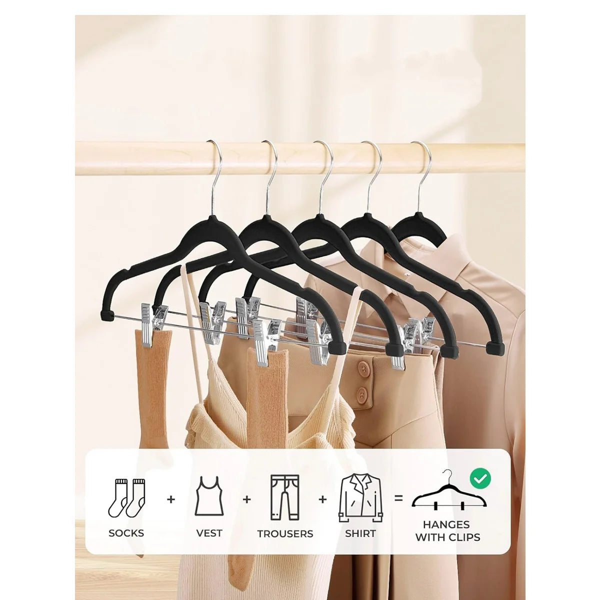 Black - Set of 10 Velvet Hangers with Clips