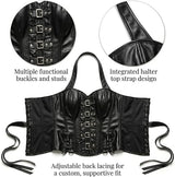Vinyl Corset Halter Neck Corset with Metal Buckles-Black