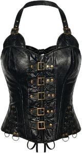 Vinyl Corset Halter Neck Corset with Metal Buckles-Black