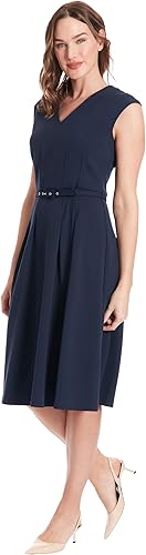 Vestido Midi Entallado con Cuello en V, Cinturón y Americana Azul Marino - London Times