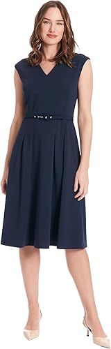Vestido Midi Entallado con Cuello en V, Cinturón y Americana Azul Marino - London Times