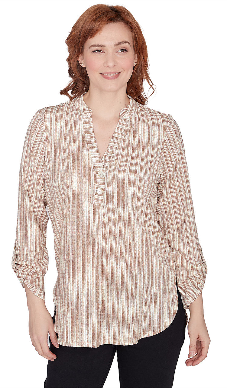 Crinkle Knit Band Split V-Neck Roll-Tab Taffy Multi - Ruby Rd