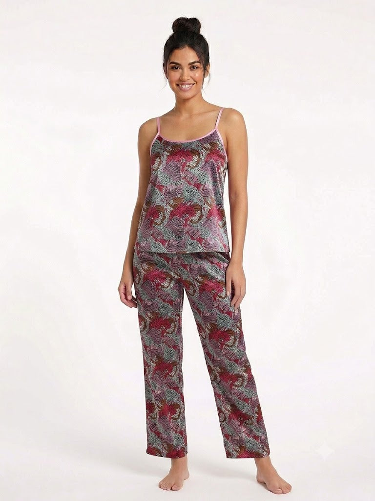 Conjunto de pijama de 2 piezas de satén para mujer, camiseta sin mangas/pantalones, rosa multicolor
