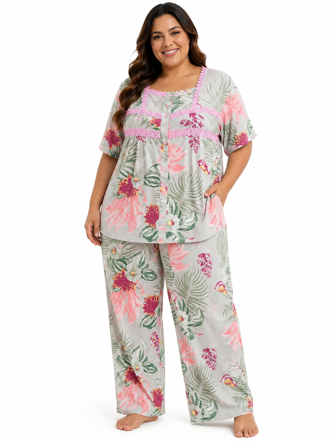 Conjunto de pijama de 2 piezas talla grande: top/capri con ribete de croché floral rosa