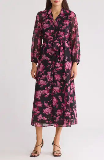 1 vestido camisero largo de manga larga con estampado floral - Sandra Darren