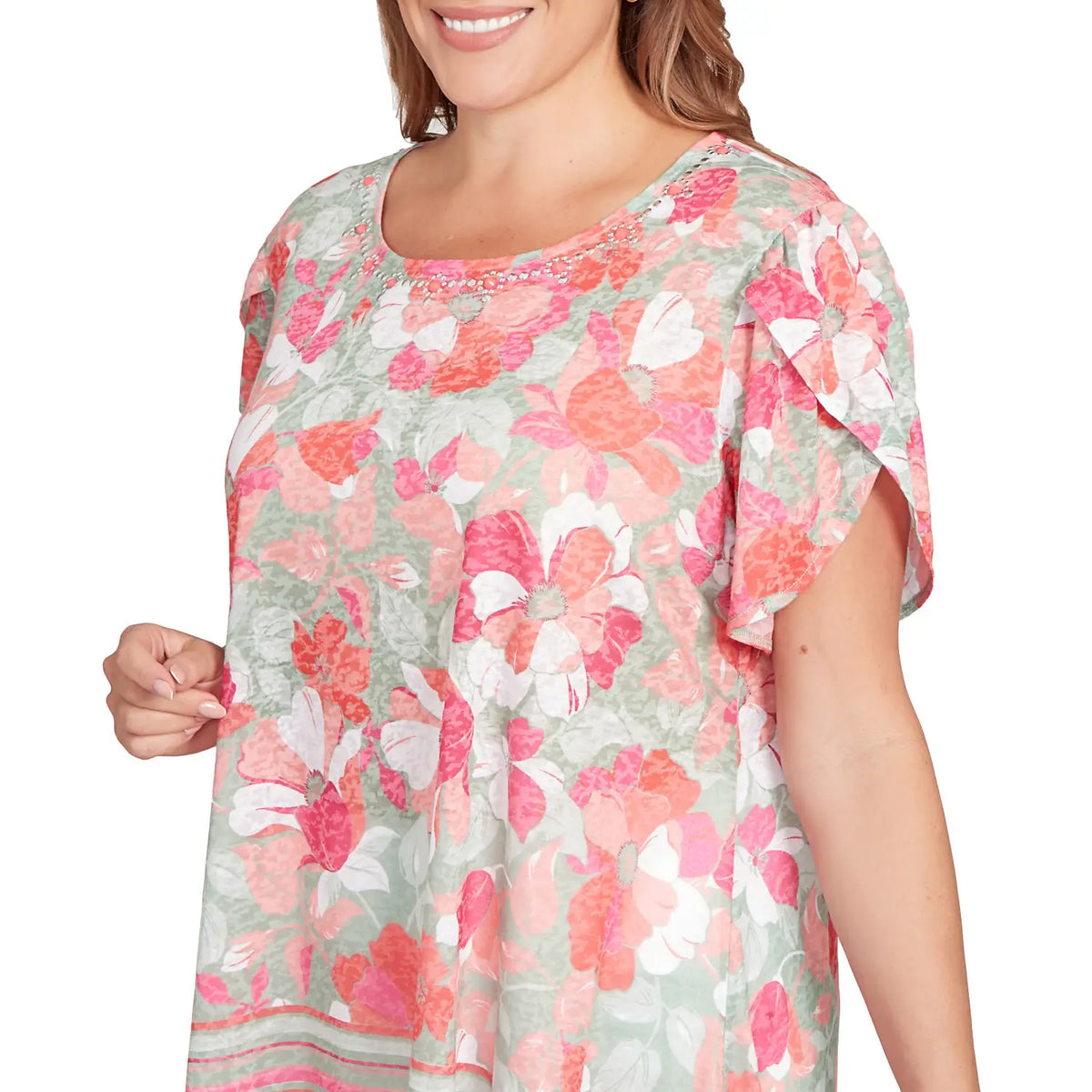 Plus  Floral Striped Border Flutter Sleeve Tee Bayleaf  Multi - Ruby Rd