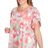 Plus  Floral Striped Border Flutter Sleeve Tee Bayleaf  Multi - Ruby Rd