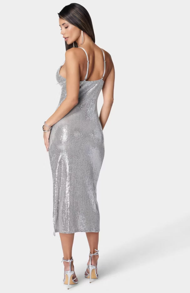 Vestido largo maxi ajustado con tirantes finos en color Gris Topo/Plata - Bebe