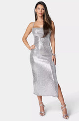 Vestido largo maxi ajustado con tirantes finos en color Gris Topo/Plata - Bebe