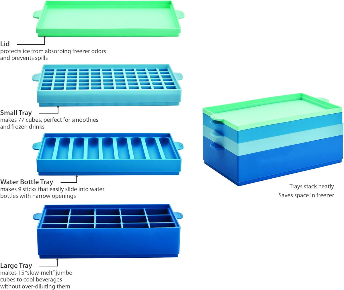 Pro Silicone Ice Cube Trays with Lid, 4-Piece, Blue