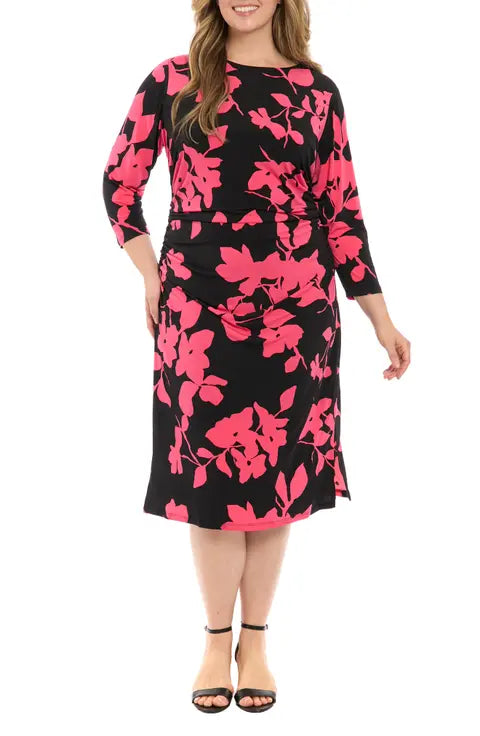 Vestido midi fruncido elegante negro-baya (talla grande) - London Times