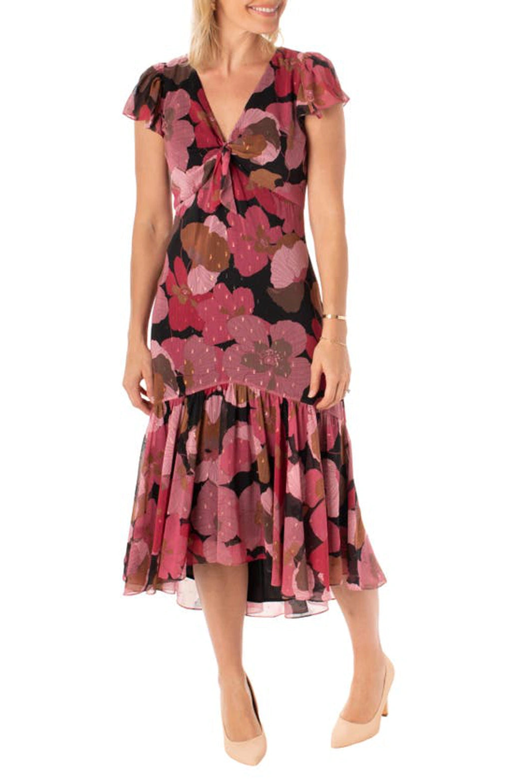 Vestido midi floral asimétrico con manga con volantes