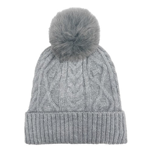 GORRO ACRÍLICO DE PUNTO GRUESO CON POMPÓN DE PELO SINTÉTICO GRIS CLARO