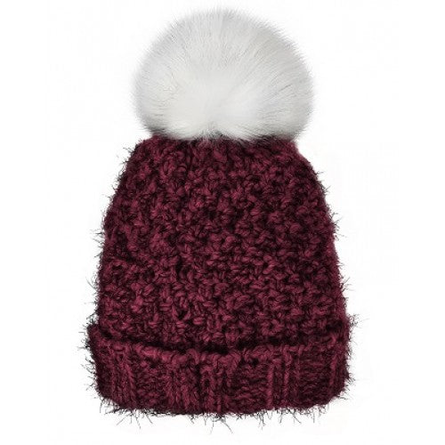 LADIES PLUSH LINED CUFF HAT, FAUX FUR POM WINE
