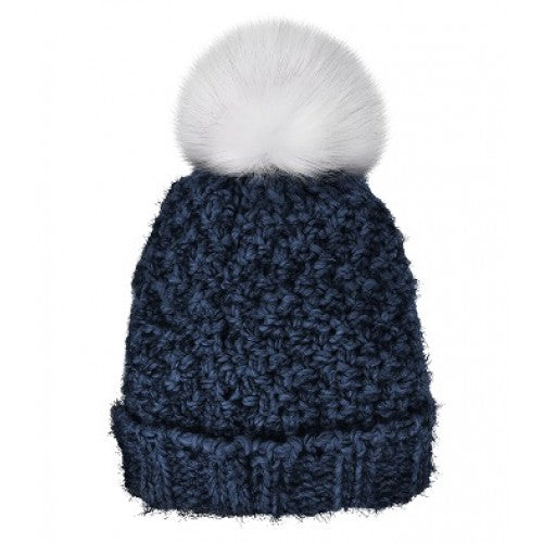 GORRO DE MUJER CON PUÑO Y FORRO DE PELUCHE, POMPÓN DE PELO SINTÉTICO AZUL