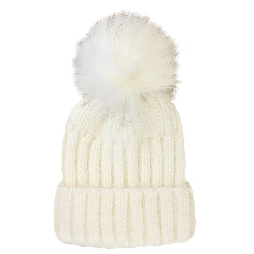 GORRO DE PUÑO ACANALADO, POMPÓN DE PELO SINTÉTICO BLANCO