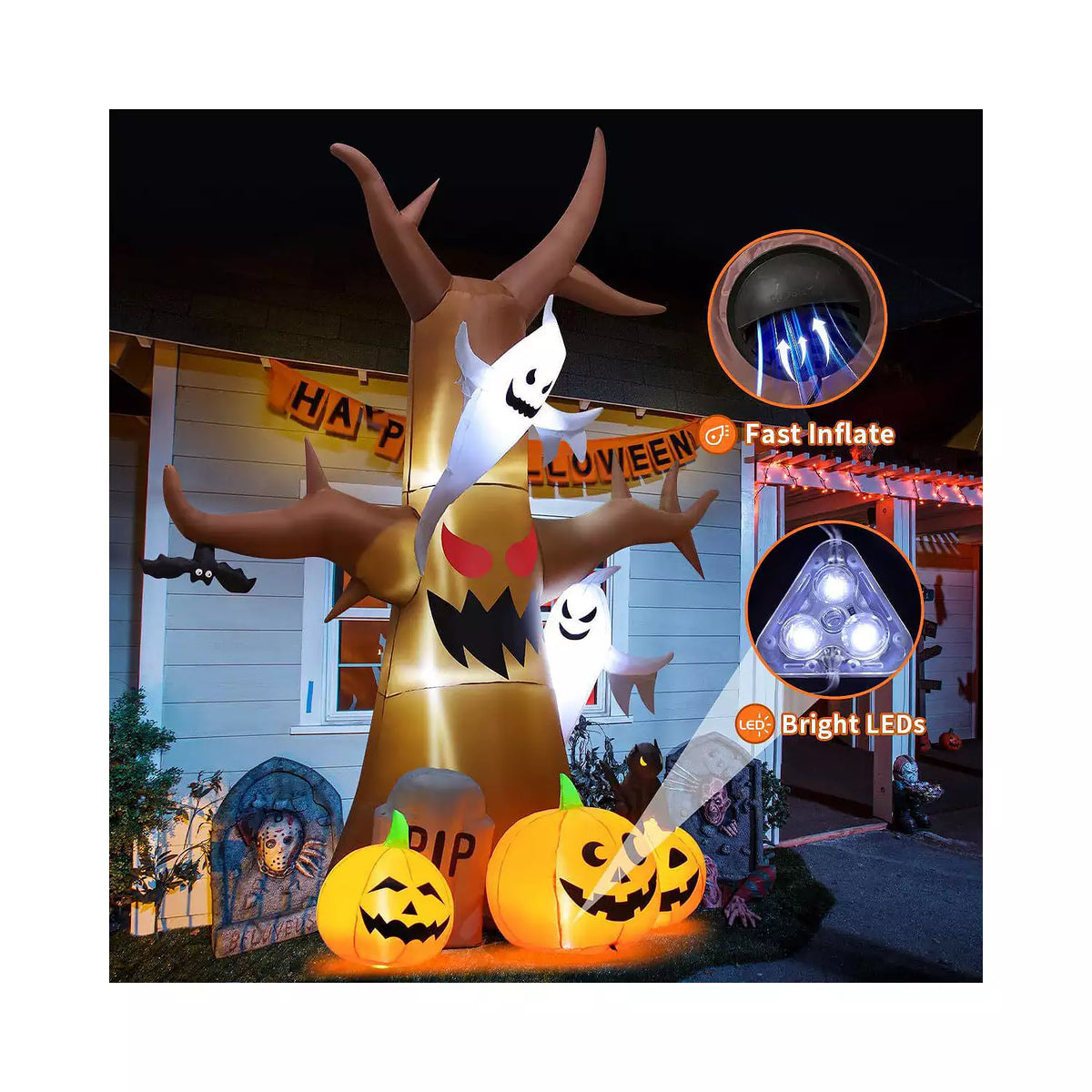 Árbol inflable de Halloween de 3,6 m con fantasma y calabazas alrededor