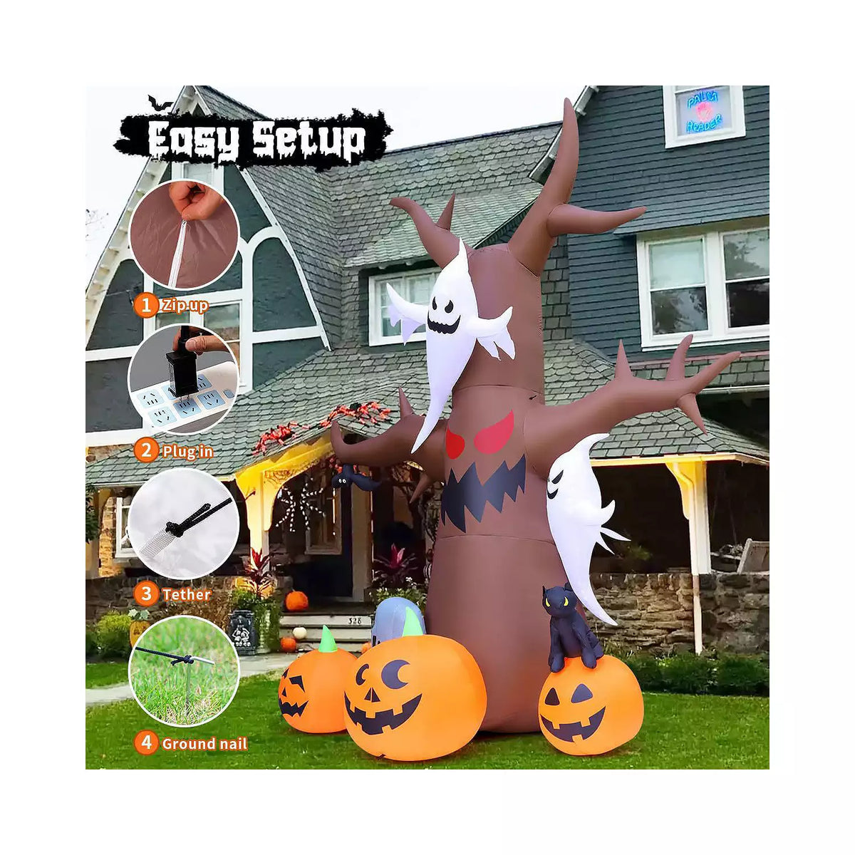 Árbol inflable de Halloween de 3,6 m con fantasma y calabazas alrededor