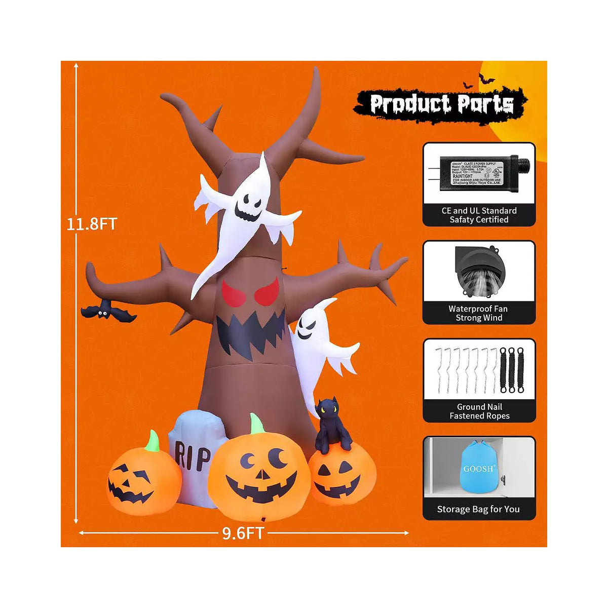 Árbol inflable de Halloween de 3,6 m con fantasma y calabazas alrededor