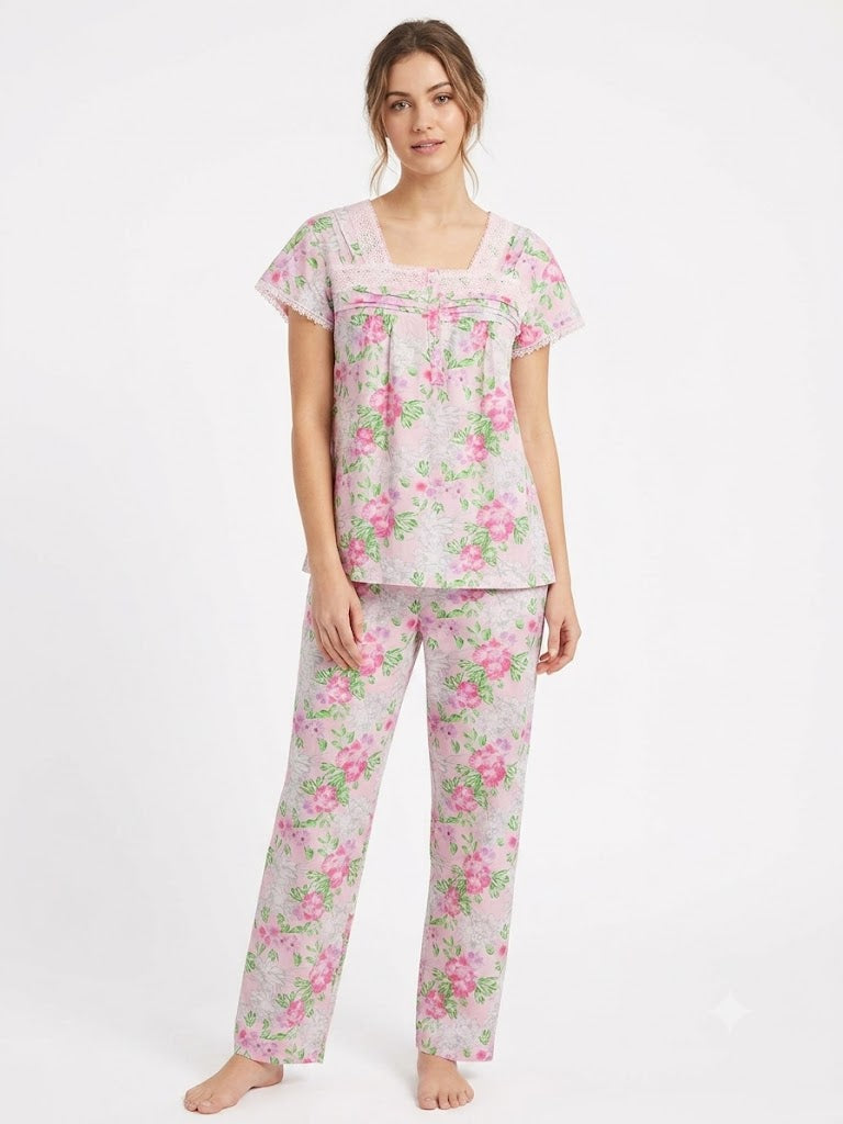 Conjunto de pijama de 2 piezas para mujer (top y capri) con encaje, rosa floral