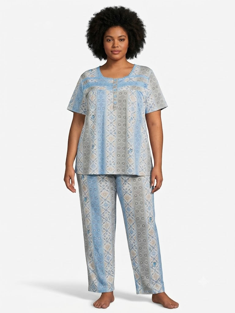 Conjunto de pijama de talla grande, con pantalón, encaje y parte de abajo, azul floral