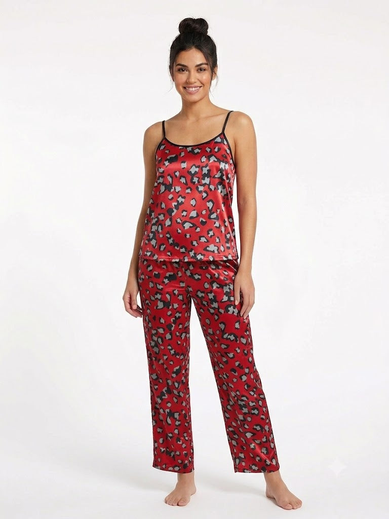 Conjunto de pijama de 2 piezas de satén para mujer, camiseta sin mangas y pantalones, estampado rojo