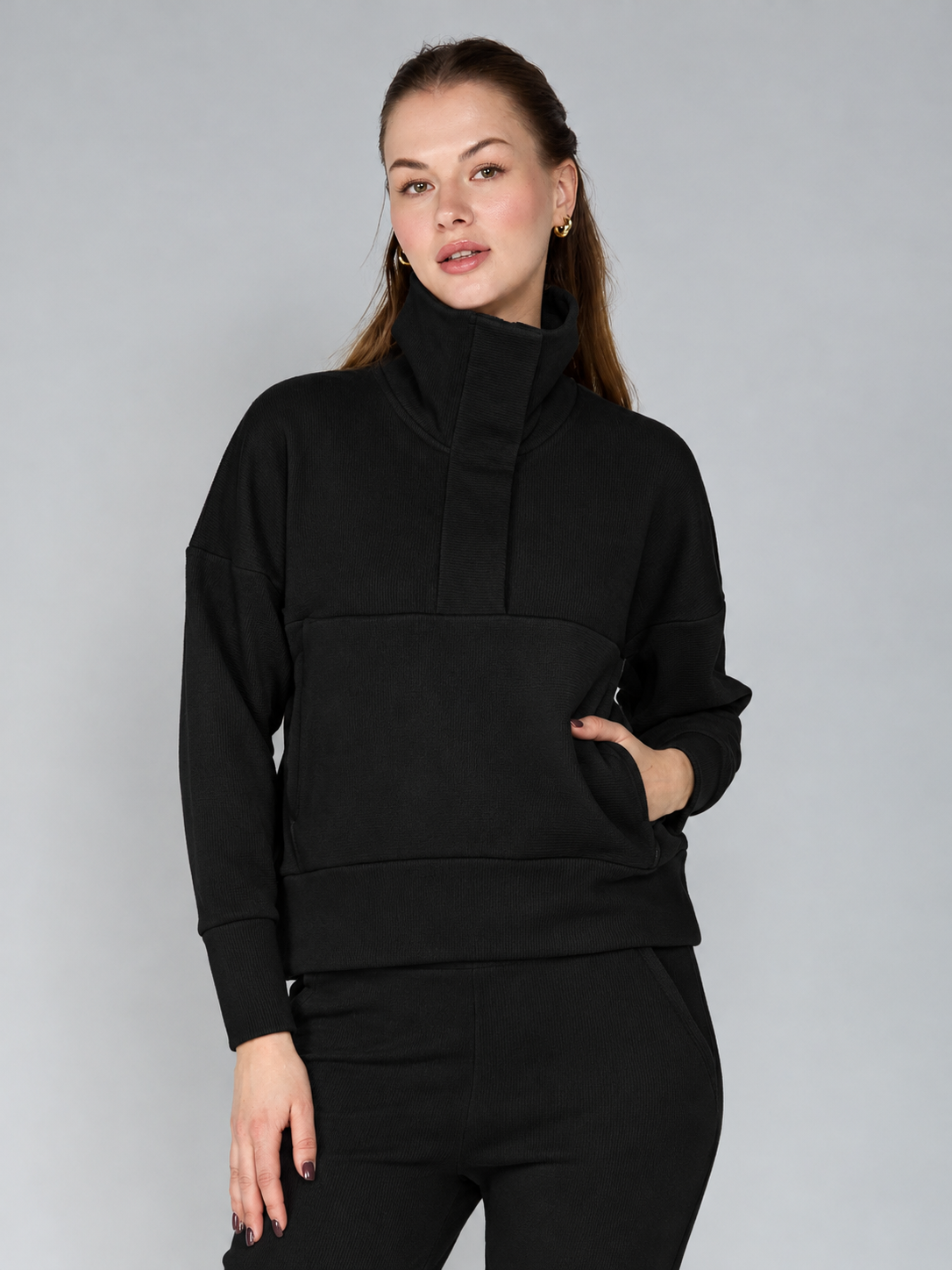 Quarter Zip Ribbed Sweatshirt Black