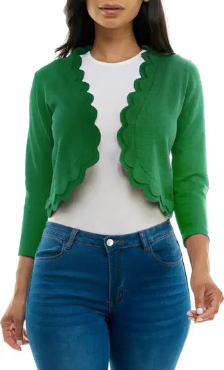 Chaqueta de punto de rayón lisa de manga 3/4 con cuello festoneado y frente abierto, verde brillante - Nina Leonard