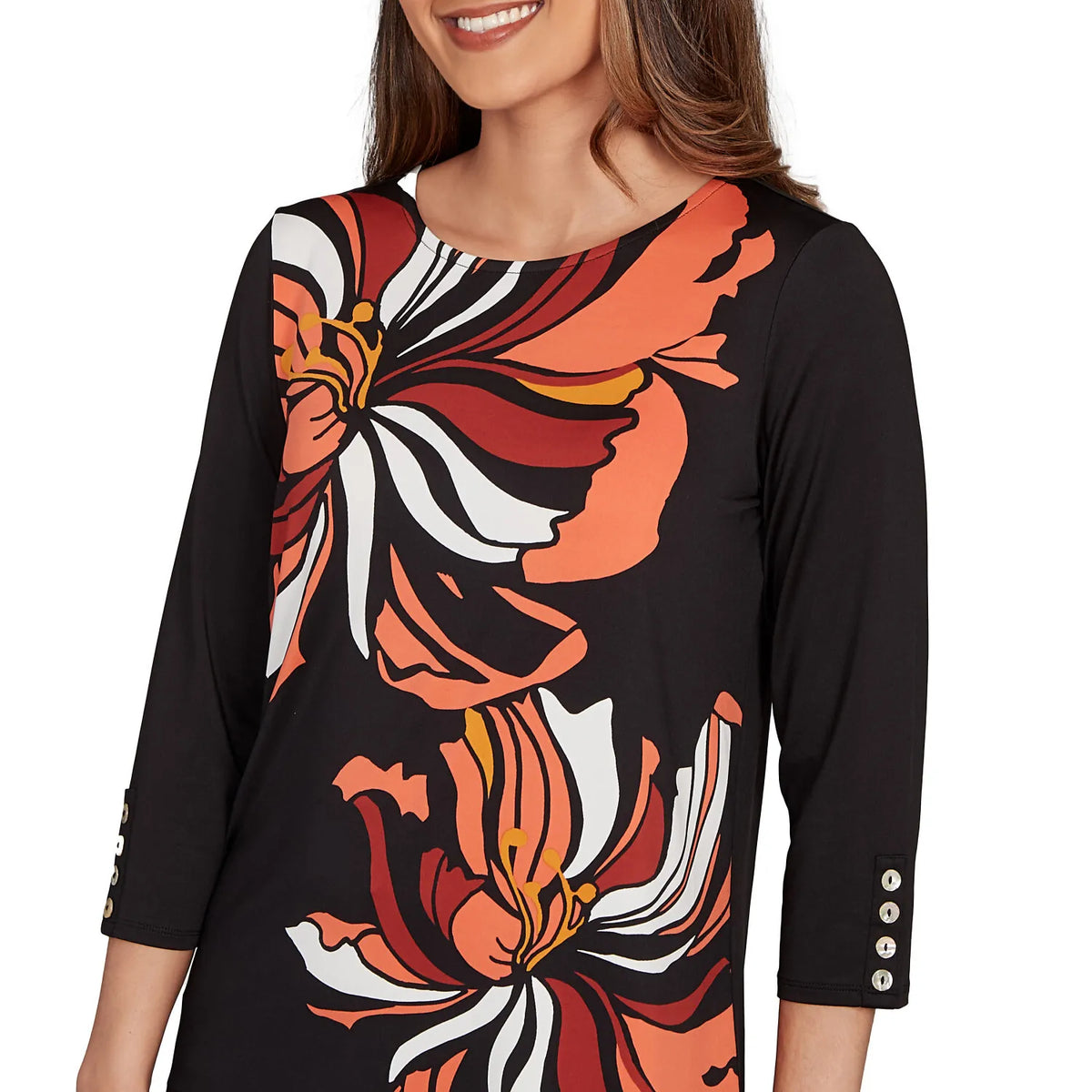 Top floral audaz de manga abotonada negro multi - Ruby Rd