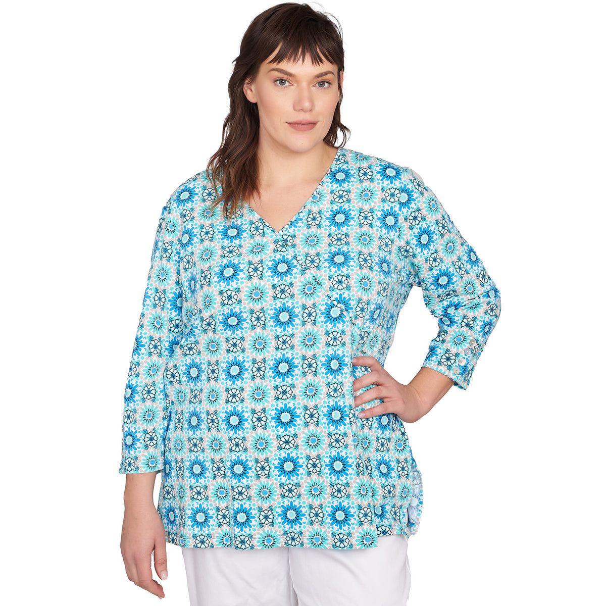 Top estilo corpiño cruzado falso con estampado floral y medallones Plus Lagoon Multi - Ruby Rd