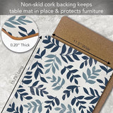 Juego de 4 individuales de corcho con base de corcho, diseño floral de hoja azul pradera