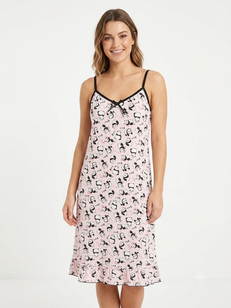 Camisón de mujer con tirantes ajustables PANDA NEGRO-ROSA