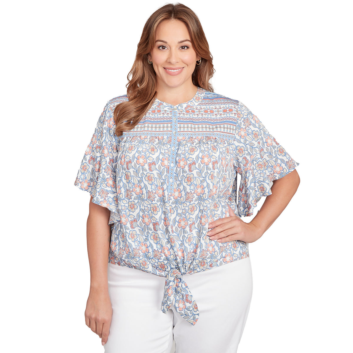 Camiseta Henley con nudo frontal y estampado floral vintage Plus - Ruby Rd