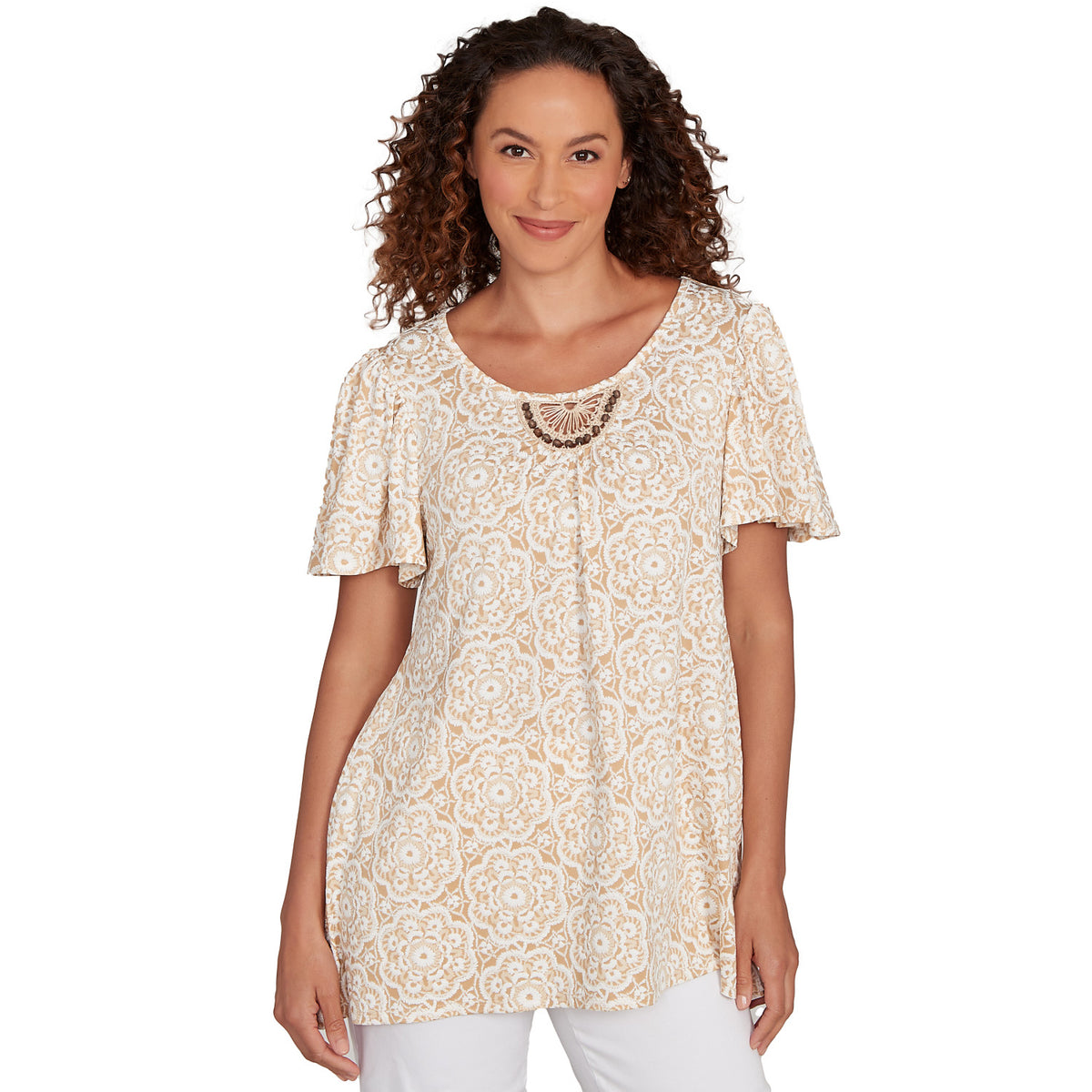 Camiseta con estampado en relieve de macramé con cuentas, yute, varios - Ruby Rd