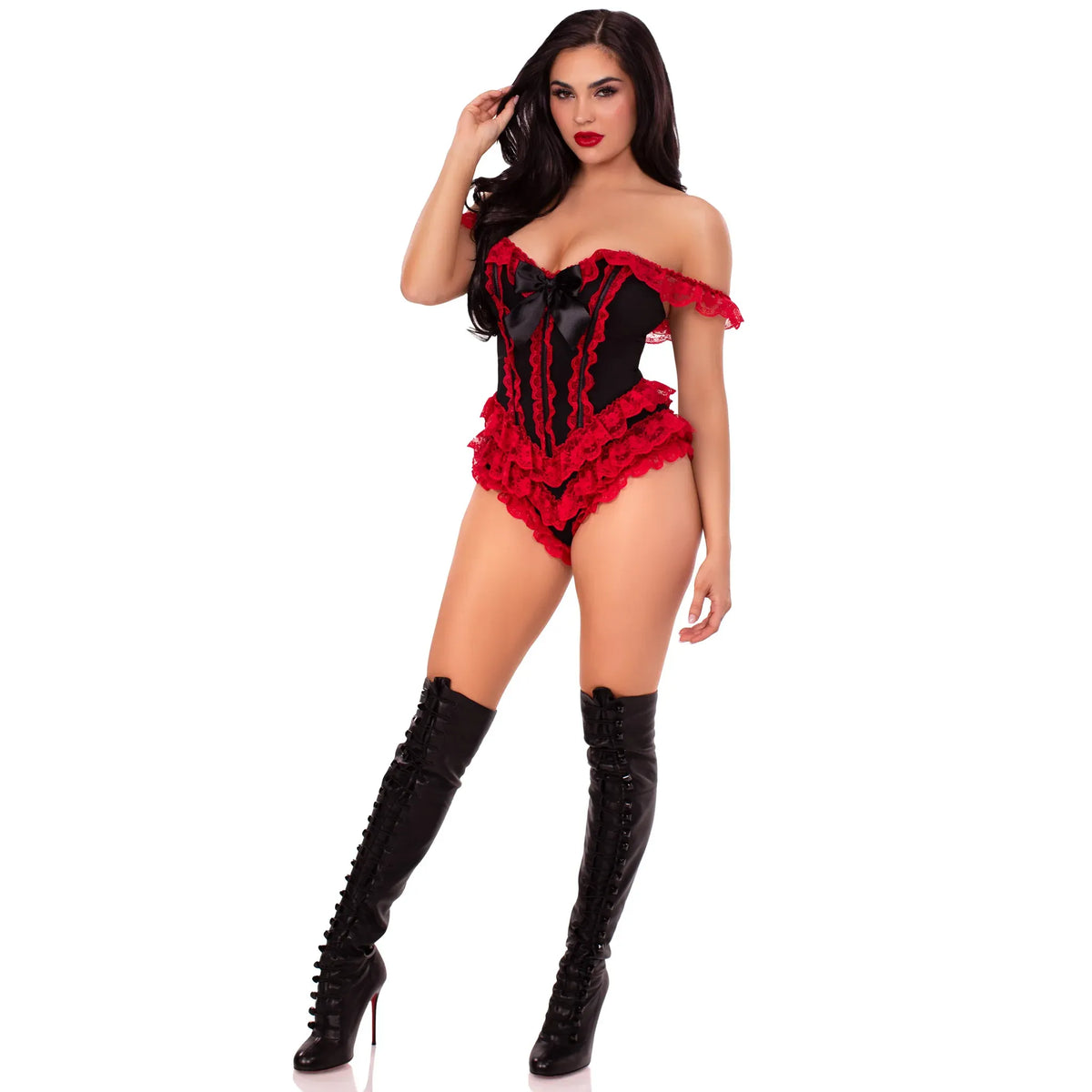 Body con volantes y ballenas, negro-rojo