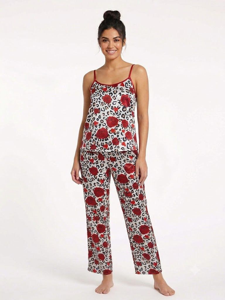 Pijama de satén de 2 piezas para mujer (camiseta de tirantes y pantalón), blanco-rojo-flores