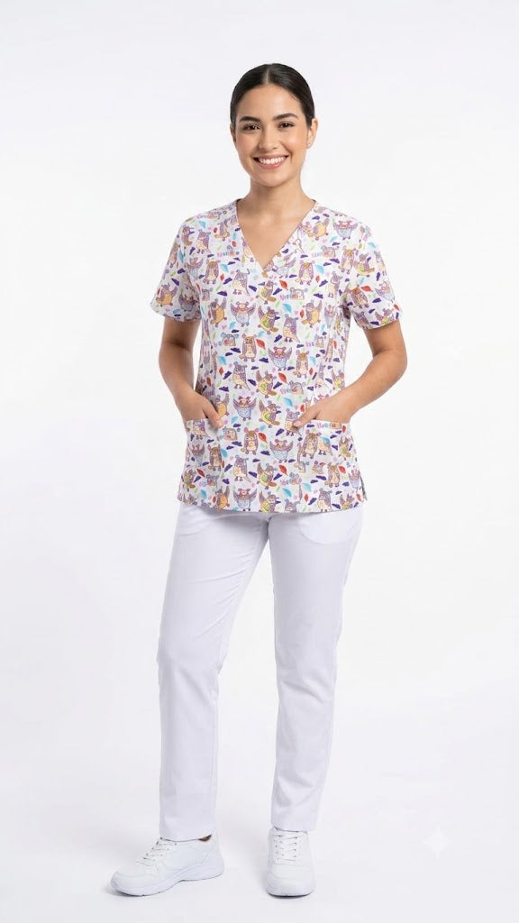 Top de uniforme estampado elástico con cuello en V y 4 bolsillos Búho