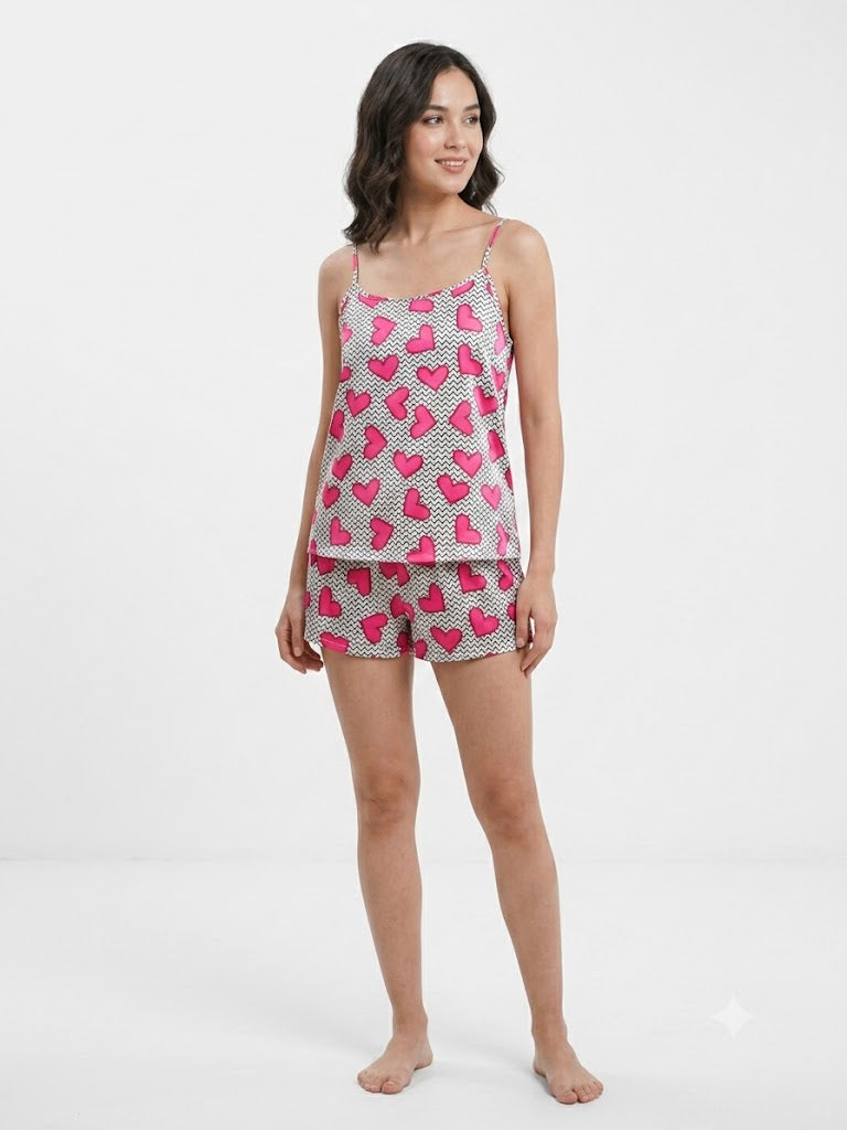Conjunto de pijama de 2 piezas de satén para mujer con camiseta sin mangas y pantalón corto con estampado de corazones, color rosa