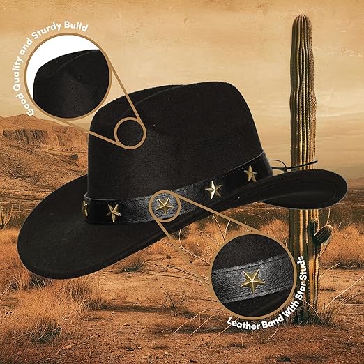 Sombrero vaquero con banda de cuero negro / Tachuelas de estrella de bronce