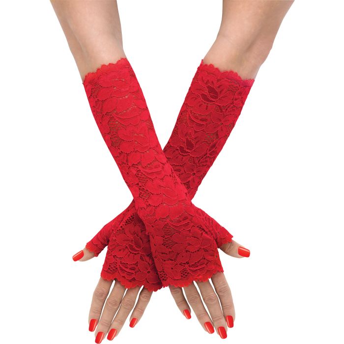 Guantes Largos de Encaje Elástico Rojos - Adulto
