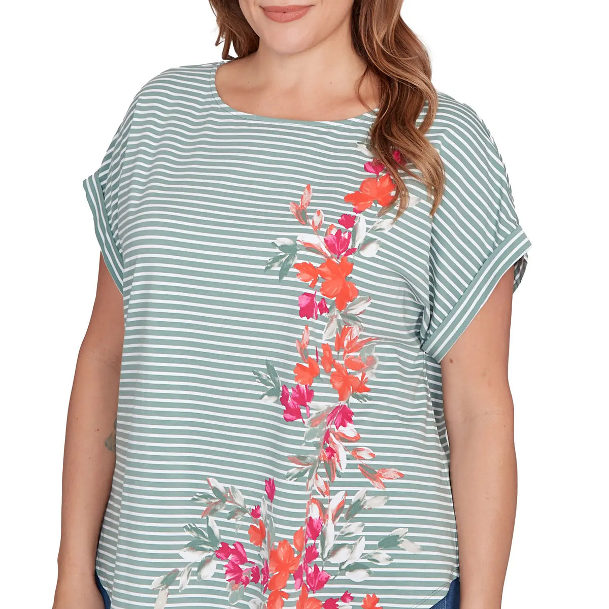 Camiseta de punto de rayas florales talla grande Plus Bayleaf Multi - Ruby Rd