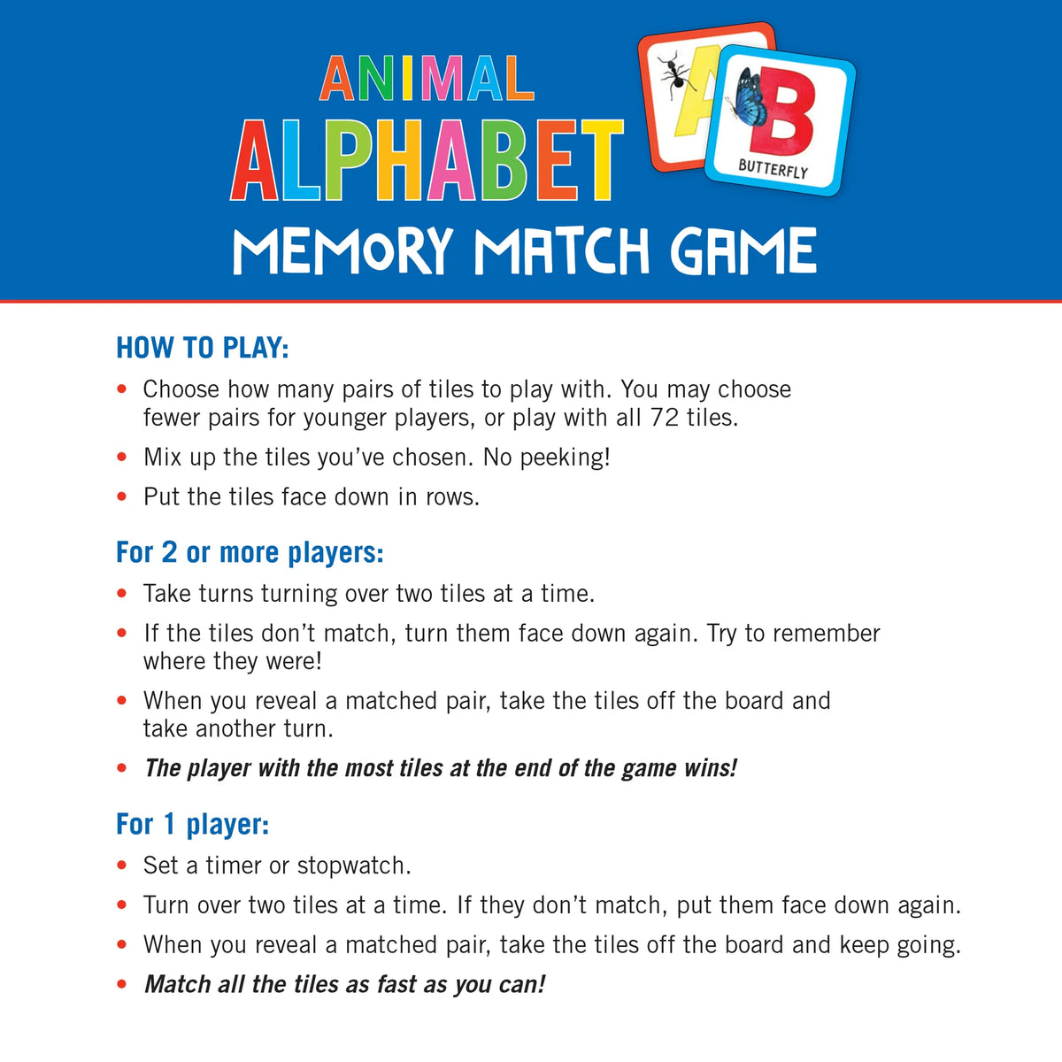 Animal Alphabet Memory Match Game (Set of 72 cards)