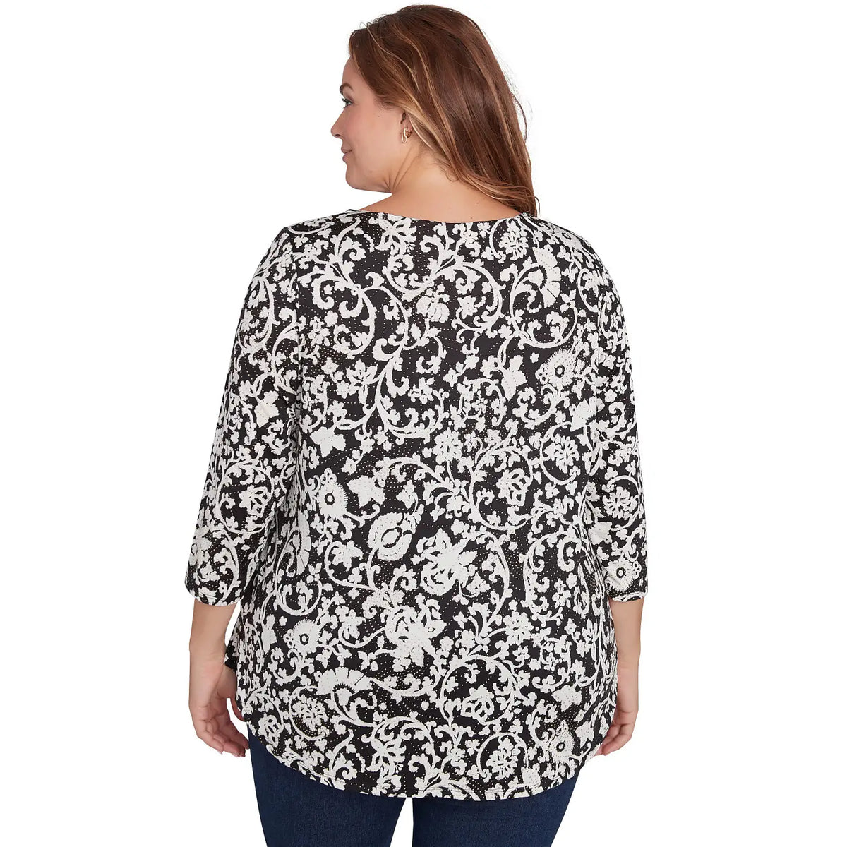 Blusa de punto para mujer Plus con estampado Batik Scroll Dew Drop marfil multiculor - Ruby Rd
