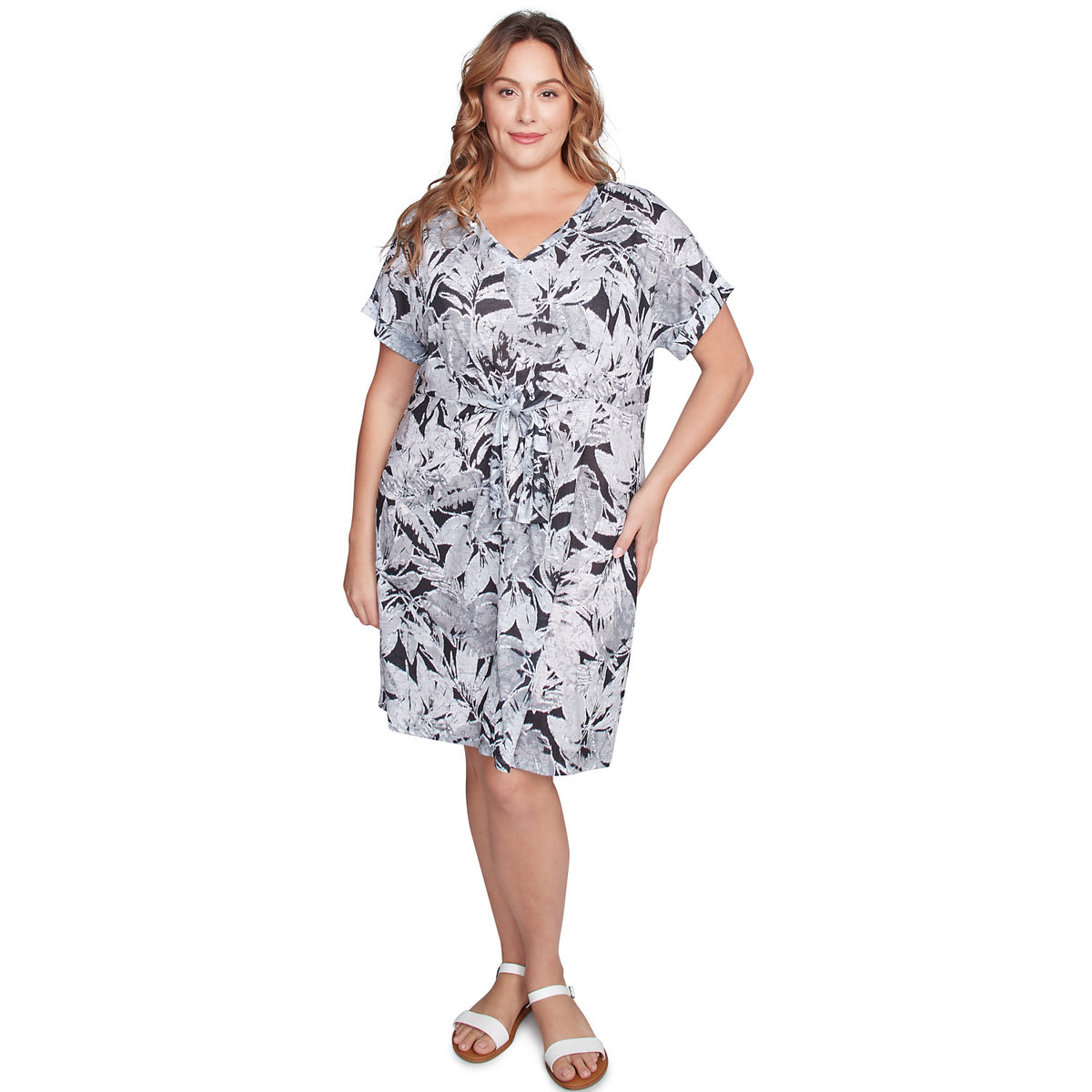 Vestido de punto con nudo delantero, estampado de hojas Batik, talla grande, negro multicolor - Ruby Rd