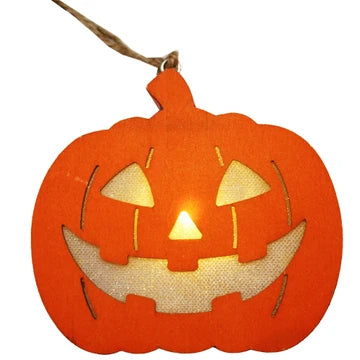 LED Hanging Wood Pumpkin with Decorative Cut Out