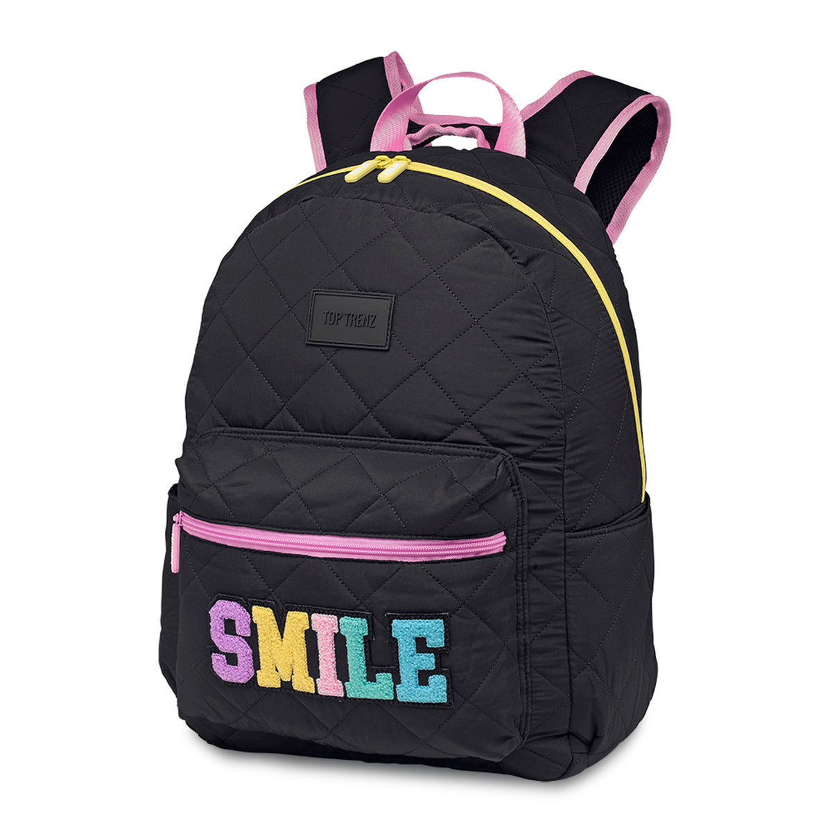 Black Puffer Backpack with Smile Text Patches