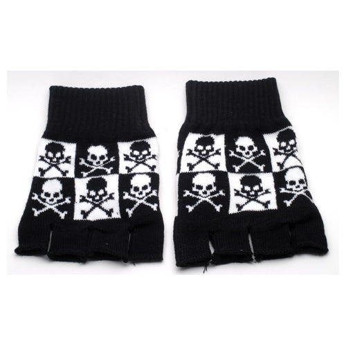 Black, white fingerless glove with skull & cross bones design