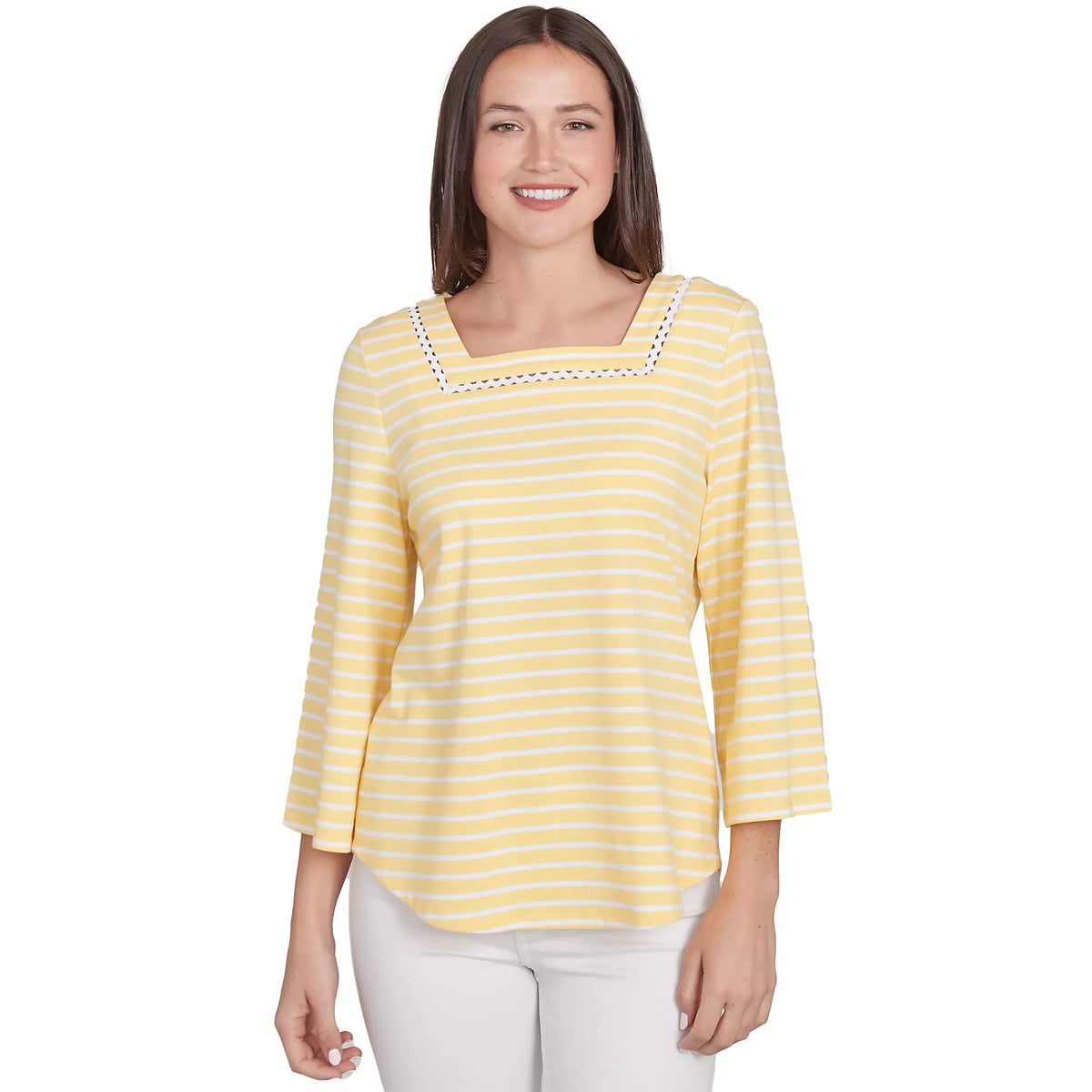 Top de punto con ribete a rayas, escote cuadrado y mangas campana 3/4 en Chattanooga Lemon Multi - Ruby Rd