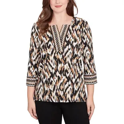 Top de punto tipo ikat con escote en V y diseño de gota de rocío, color tostado combinado - Ruby Rd